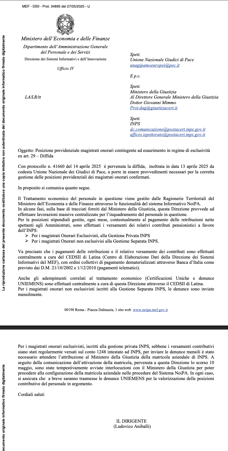 Risposta MEF a UNAGIPA in merito alla posizione previdenziale dei magistrati stabilizzati